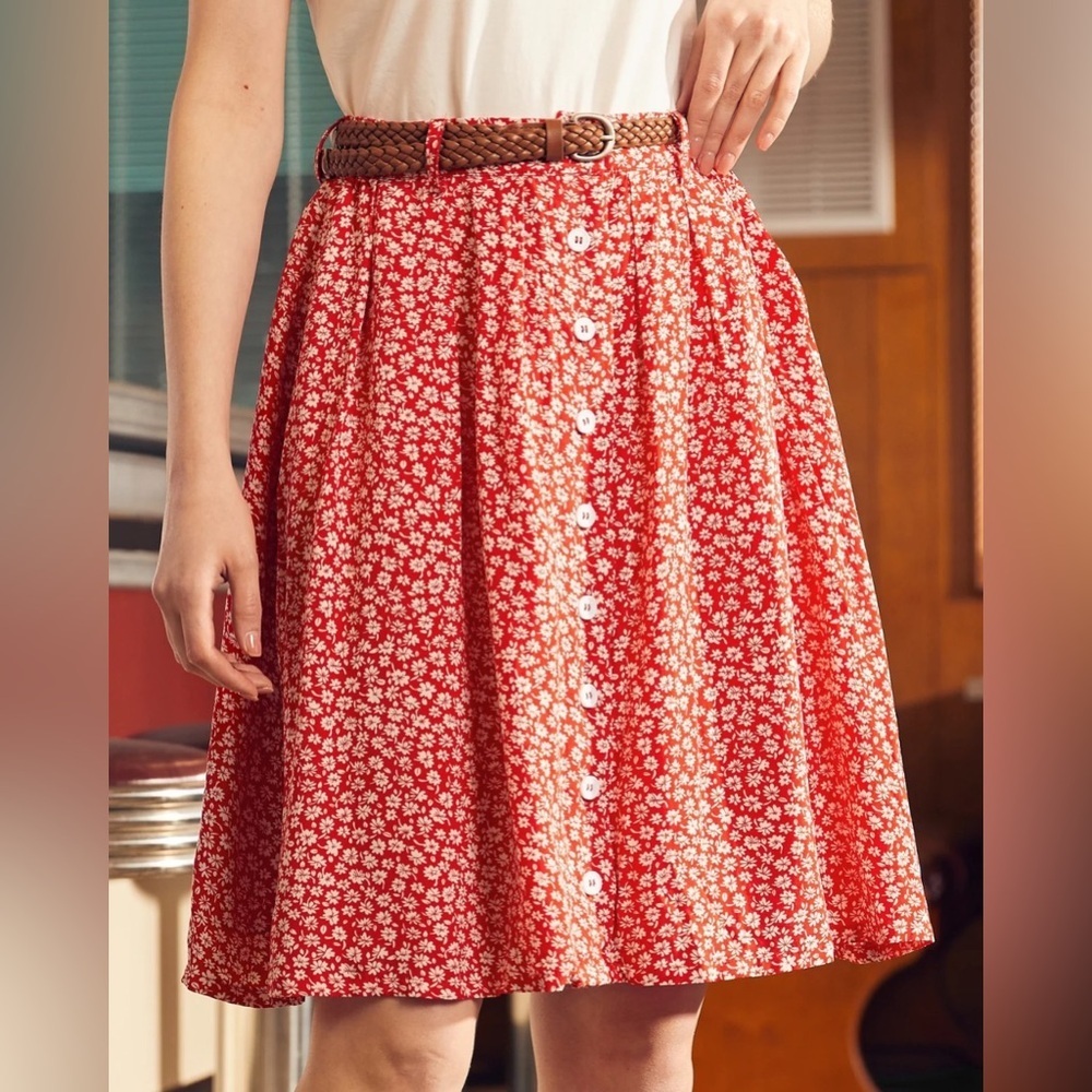 Modcloth Bookstore's Best Button Front Skirt S Red Ruby Fizz Floral Print